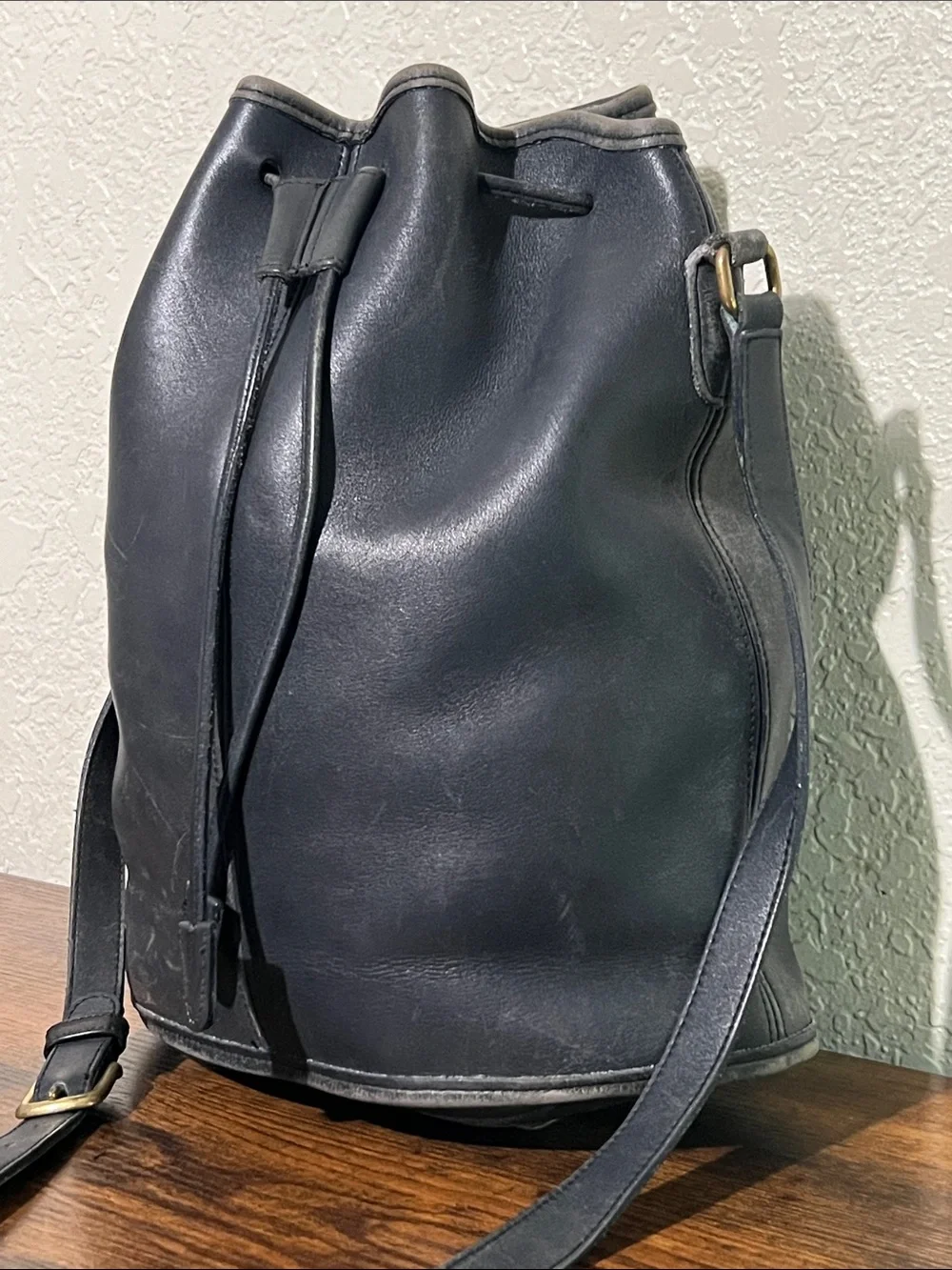 Very RARE Coach Black Leather Drawstring Hobo Bag